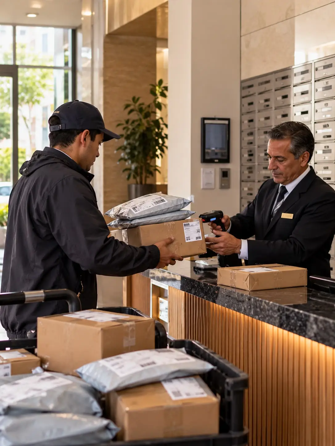 Mensajero entrega cajas y sobres en la portería de un edificio.